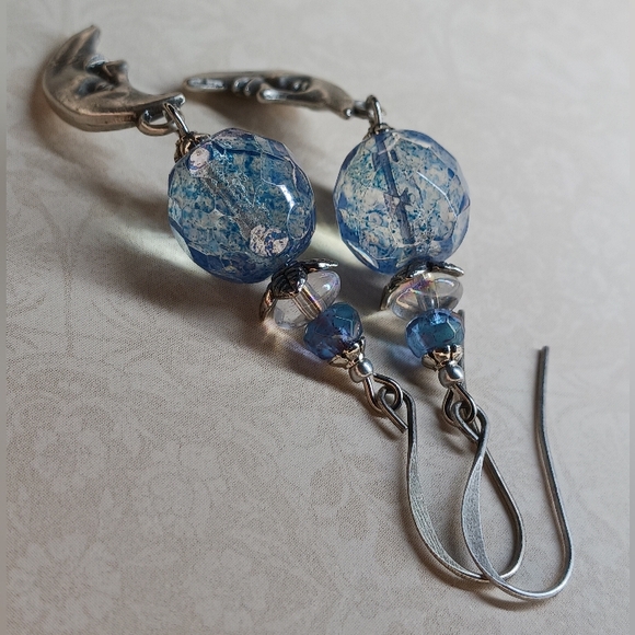 HAND CRAFTED Celestial Blue Czech Glass Silver Crescent Moon Dangle Earrings - Picture 5 of 7